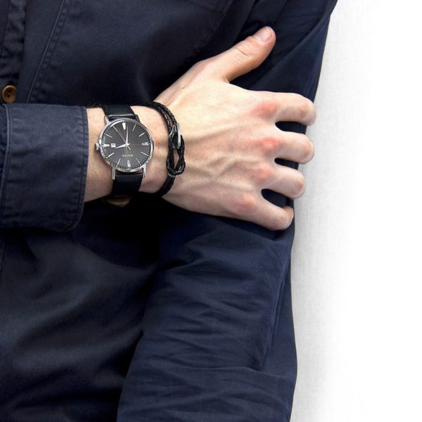 Padstow Silver and Braided Leather Bracelet - Coal Black – Image 3