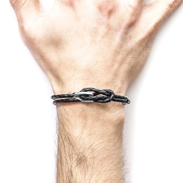 Padstow Silver and Braided Leather Bracelet - Coal Black – Image 2